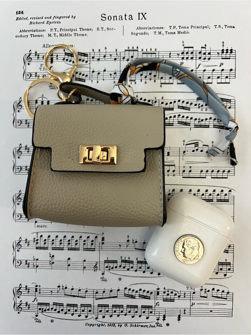 Mini Taupe Purse Keychain Bag Charm with Scarf Gold Tone Hardware Cute Accessory